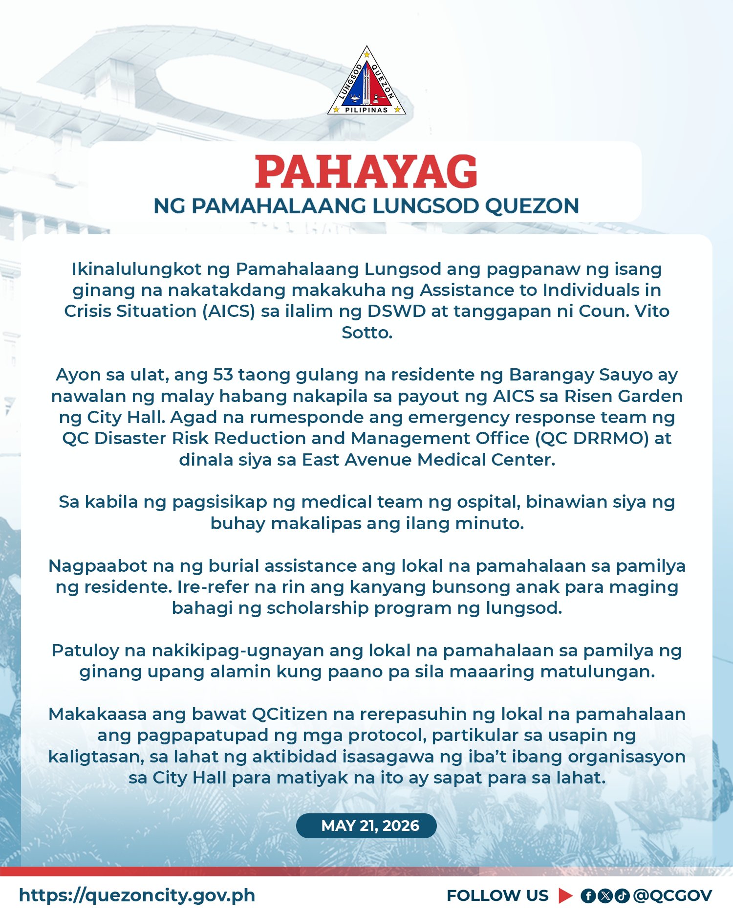 QC LGU condoles with family of woman who died while lining up for aid under Councilor Vito Sotto