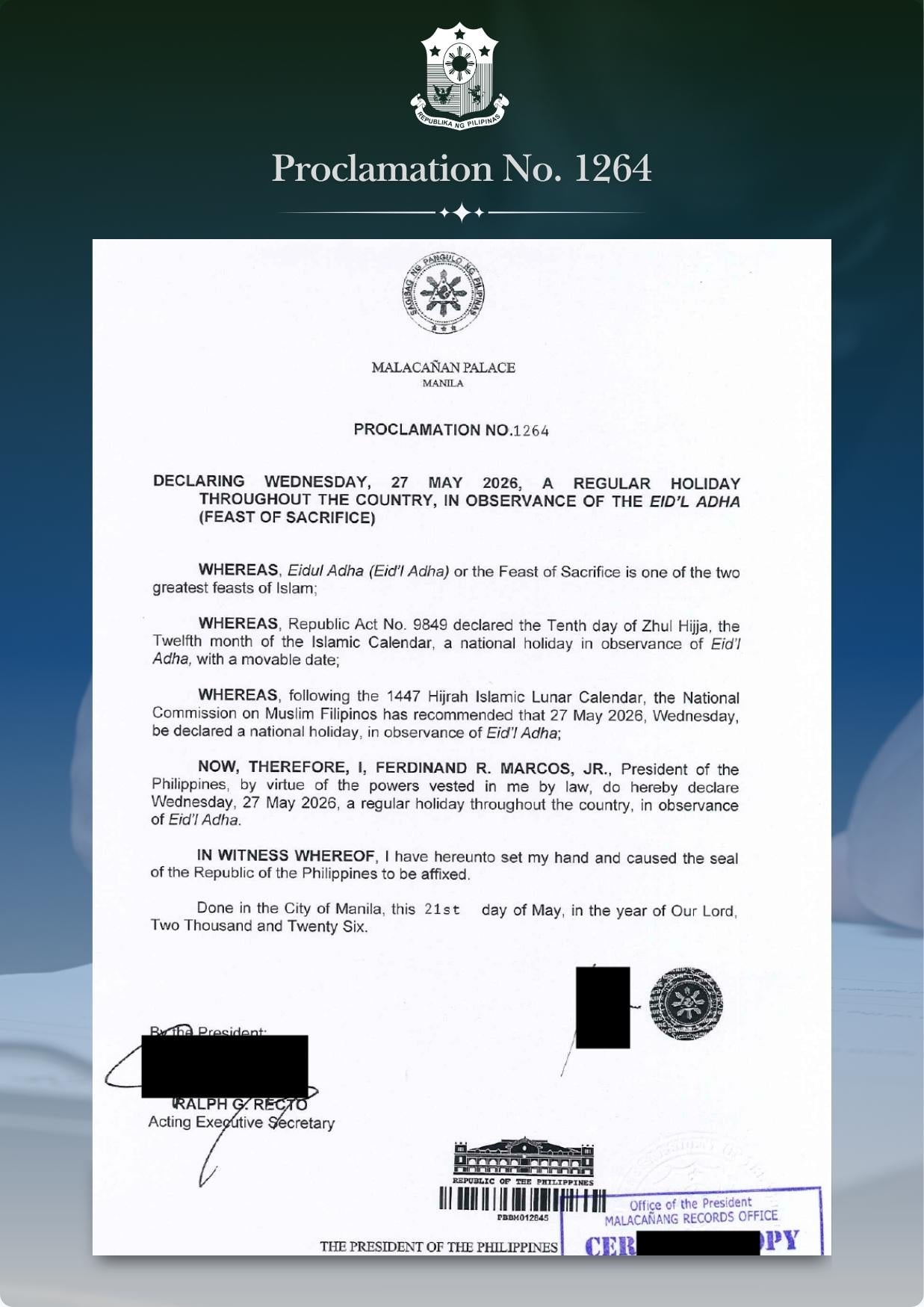 Palace declares May 27 as a regular holiday for Eid’l Adha observance