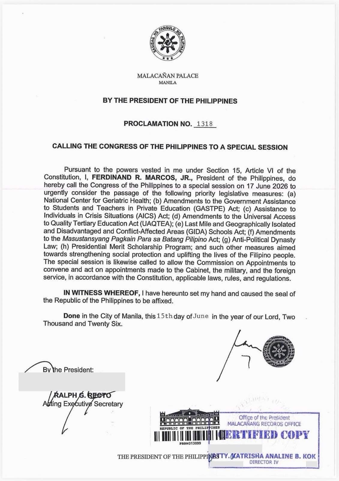 Marcos calls Congress to convene special session on June 17